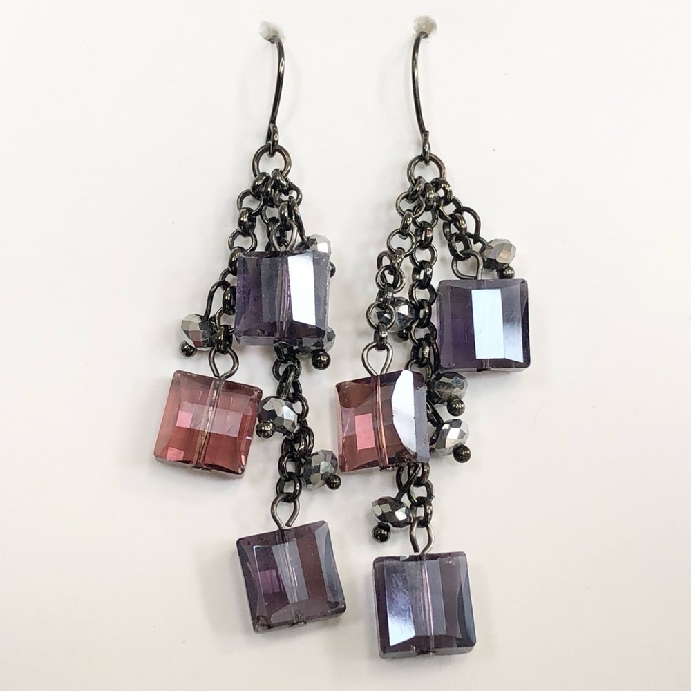 Purple Glass Beads Crystals Drop Earrings Women's Jewelry Accessories Peweter